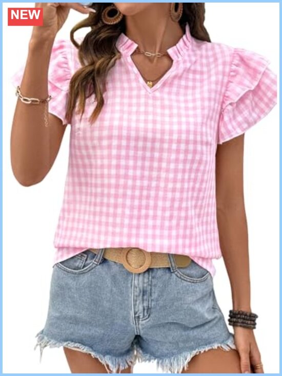 Tops - V Neck Ruffle Sleeve Peplum Blouse Gingham Plaid Cotton Blend Top